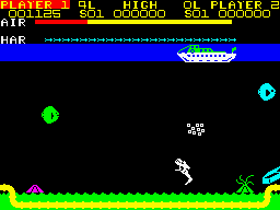 Devil Diver (ZX Spectrum) screenshot: The pipeline is complete, the last treasure stands on one of the most dangerous spots... next to the... "THE HORRIBLE ANEMONE" (June 27th next to you)