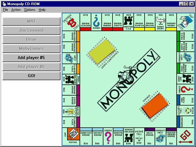 Monopoly (Windows) screenshot: choosing number of players, names, and a metal-liquid piece to play with