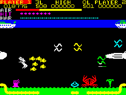 Devil Diver (ZX Spectrum) screenshot: Level 7 - that's a... A giant squid cut in two plus a shoal of USOs... (colossal, meatheeead!)... and what's that shinny object over there?