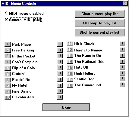 Monopoly (Windows) screenshot: music/sound selection (every property/selection has its own window)