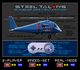 Steel Talons (SNES) screenshot: Main menu.