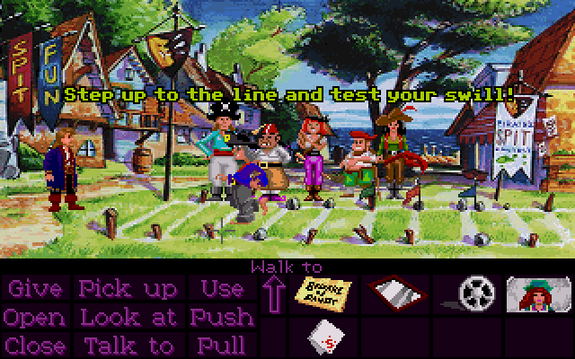 Monkey Island 2: LeChuck's Revenge (DOS) screenshot: The spitting contest. Just follow the wind... and rearrange those marking flags.