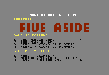 Five-a-Side Soccer (Commodore 64) screenshot: You have the opportunity to choose regular or penalty game, number of players, and the game difficulty level.