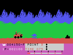 Moon Patrol (TI-99/4A) screenshot: On the advanced course tanks get in the way