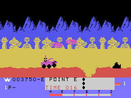 Moon Patrol (TI-99/4A) screenshot: Hmm, this looks like a tricky situation...
