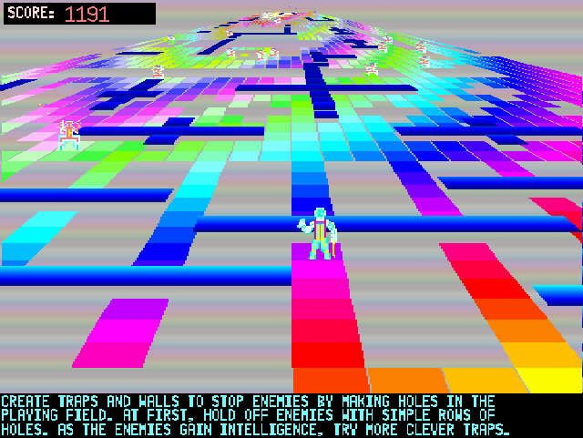 Moraff's Entrap (DOS) screenshot: A typical scene - holes, walls and enemies