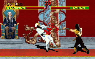 Mortal Kombat (DOS) screenshot: Raiden tastes the pain caused by Scorpion's deadly spear