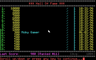 Abductor (DOS) screenshot: The high score table comes pre-populated