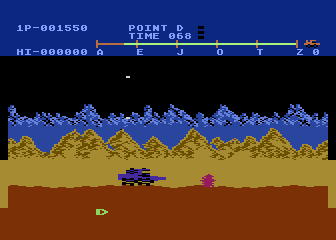 Moon Patrol (Atari 8-bit) screenshot: 3 restart points down, 22 to go