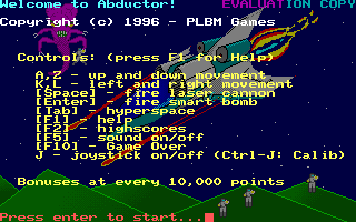 Abductor (DOS) screenshot: The game starts with the PLBM Games logo and then it displays this screen