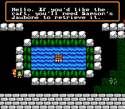 Spiritual Warfare (NES) screenshot: To get the raft, you will need Samson's Jawbone first