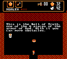 Spiritual Warfare (NES) screenshot: Found the Belt of Wisdom. This allows you to move things.