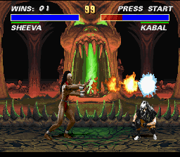 Mortal Kombat 3 (SNES) screenshot: Only ducking, Kabal got to avoid Sheeva's fireball.