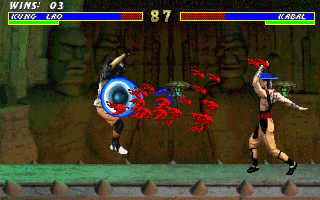 Mortal Kombat 3 (DOS) screenshot: Kung Lao's hat hurls Kabal. Wow!