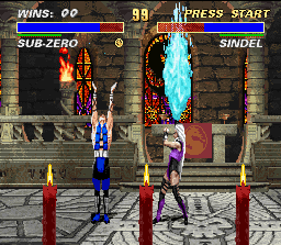 Mortal Kombat 3 (SNES) screenshot: Using an accurate defense, Sindel is about to avoid Sub-Zero's upper ice move.