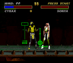 Mortal Kombat 3 (SNES) screenshot: Cyrax's self-destruction sequence Fatality is activated: now, it's time to finish Sonya "forever"...