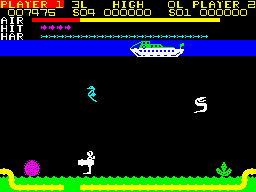 Devil Diver (ZX Spectrum) screenshot: Level 4 - Delivering the last piece of the pipeline, walking on the sea floor (Here it is, with peperoni and extra tomato).