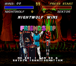 Mortal Kombat 3 (SNES) screenshot: Nightwolf's Rayden/MK II Arcade Machine Friendship and Sektor's victory pose: an unusual moment...