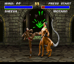 Mortal Kombat 3 (SNES) screenshot: Taking advantage of Motaro's fast distraction, Sheeva hits him with a potent roundhouse kick.