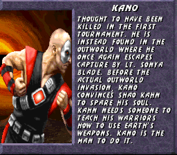 Mortal Kombat 3 (SNES) screenshot: Information about Kano