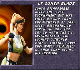 Mortal Kombat 3 (SNES) screenshot: Introducing Sonya