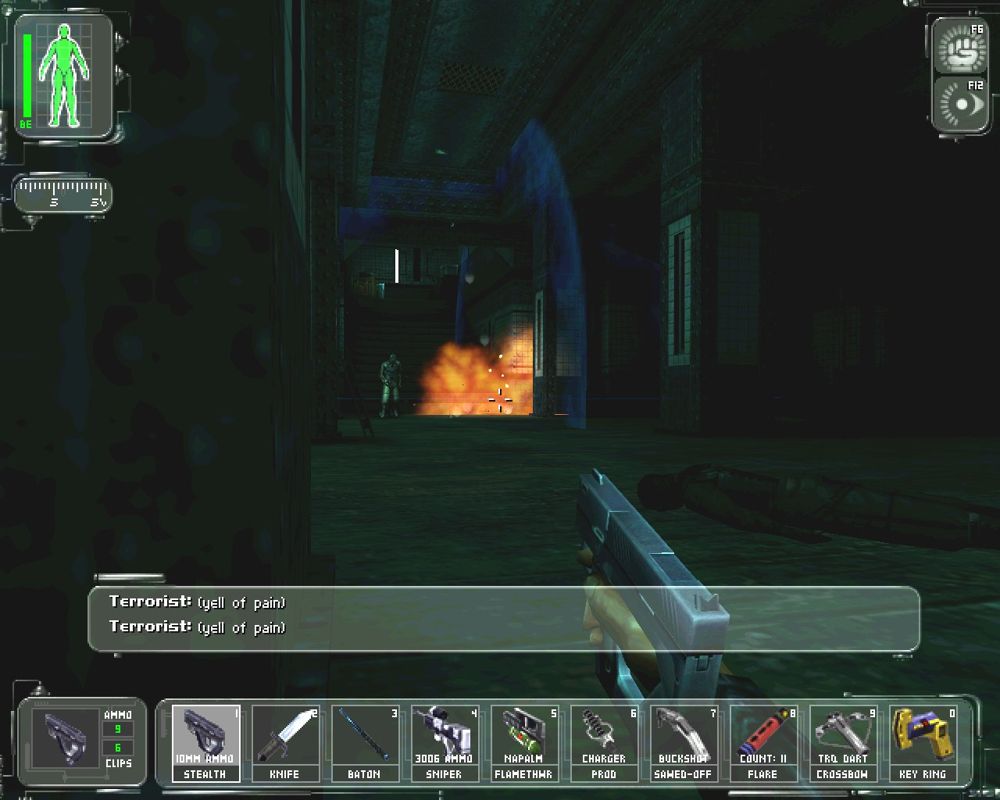 Deus Ex (Windows) screenshot: Shooting TNT boxes to take out a couple terrorists