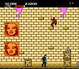 Shinobi (NES) screenshot: Watch out for those ninjas on the wall.