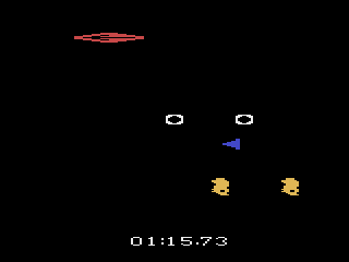 Out of Control (Atari 2600) screenshot: With the single hurdle, I need to pass it on the correct side (where the arrow points).