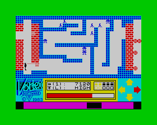 Android One: The Reactor Run (ZX Spectrum) screenshot: Stage 5 - not much to say... a..some bricks over there... walls and stuff, some ridiculous monsters with one eye... ei..a...monste... inc.,... some ETs from Close Encounterz...