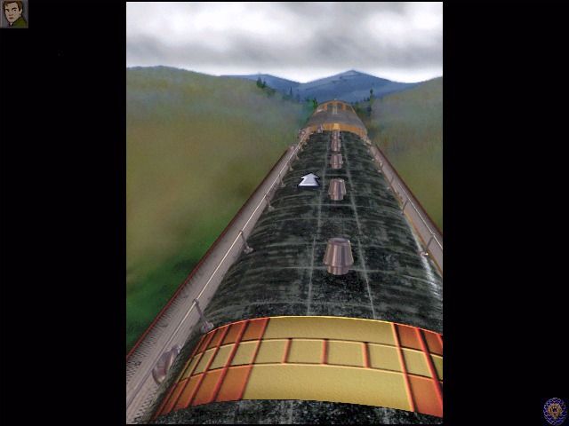 The Last Express (Windows) screenshot: Remembering the essence of any train story, Robert climbs on top of the cars.