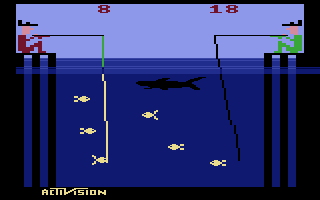 Fishing Derby (Atari 2600) screenshot: Got a big fish on the line!