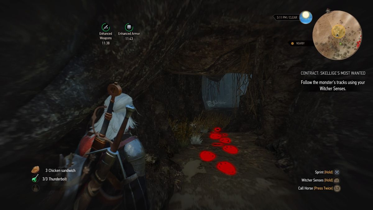The Witcher 3: Wild Hunt - New Quest: "Contract: Skellige's Most Wanted" (PlayStation 4) screenshot: Tracks have led me into this cave