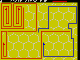 Blind Alley (ZX Spectrum) screenshot: Level 3, set 2 - All trapped. Passing to level 4. I mean, if I decided not to go westwards or continue going upwards.