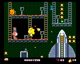 Mr. Blobby (Amiga) screenshot: Flying enemy disabled by thrown cake