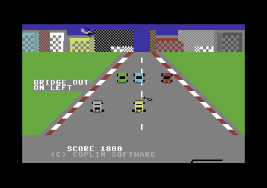 007 Car Chase (Commodore 64) screenshot: Broken bridge is coming up