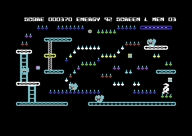 Mr. Robot and His Robot Factory (Commodore 64) screenshot: Bombs as platforms - they are activated after stepping on them