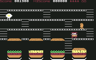 Mr. Wimpy: The Hamburger Game (Commodore 64) screenshot: Made one burger so far
