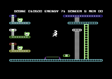 Mr. Robot and His Robot Factory (Commodore 64) screenshot: Landing on a trampoline to survive a long fall