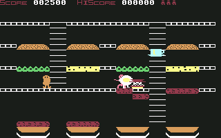 Mr. Wimpy: The Hamburger Game (Commodore 64) screenshot: Oh No! Killed by the egg yolk
