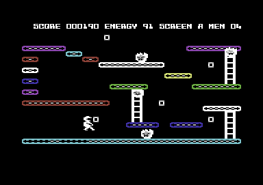 Mr. Robot and His Robot Factory (Commodore 64) screenshot: Screen A - The white dots on the floor are the powerpills you must collect