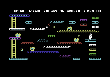 Mr. Robot and His Robot Factory (Commodore 64) screenshot: Screen B - The squares are energizers that give you a temporary shield