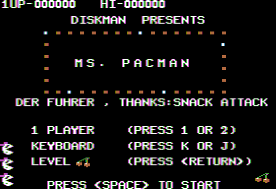 Ms. Pac-Man (Apple II) screenshot: Title screen (this version has been cracked)