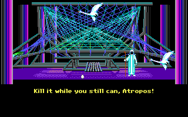 Loom (DOS) screenshot: Attacked by a swan