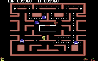 Ms. Pac-Man (Commodore 64) screenshot: You can munch on ghosts when they are blue