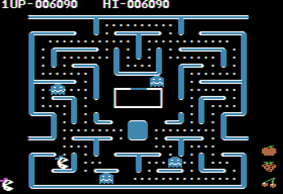 Ms. Pac-Man (Apple II) screenshot: You can chase the ghosts when they are blue