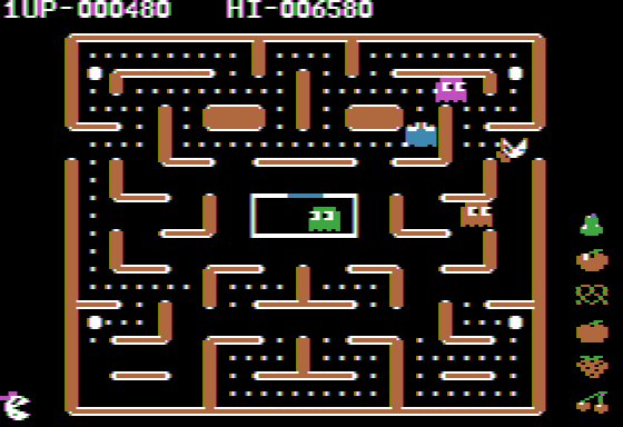 Ms. Pac-Man (Apple II) screenshot: One of the more difficult levels