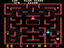Ms. Pac-Man (TI-99/4A) screenshot: Quick, eat the power pellet before being caught by the red ghost!