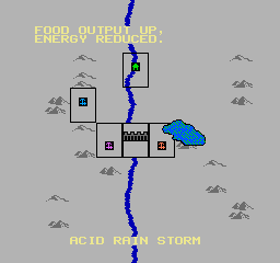 M.U.L.E. (NES) screenshot: Events such as Acid Rain affect game conditions