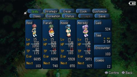 Tales of Destiny II (PSP) screenshot: Character Status Screen