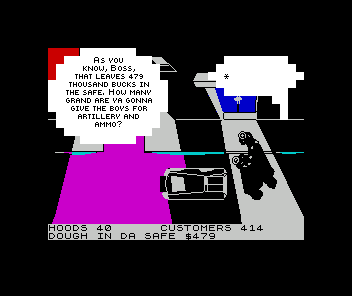 Mugsy (ZX Spectrum) screenshot: Input the correct number to arm your boys with